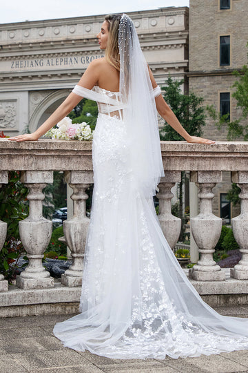 Sparkly White Off the Shoulder Korsett Mermaid Tulle brudekjole med paljetter